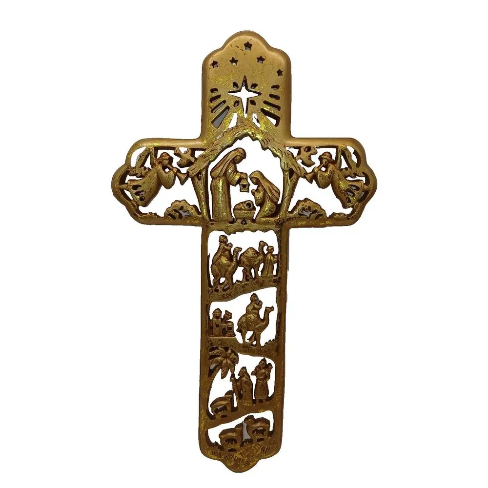Christmas Cross Nativity Scene Wall Hanging Gilded R. Fogle Dicksons New in Box